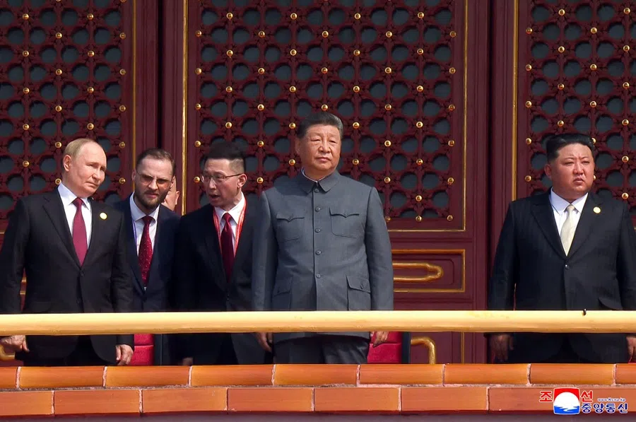 This picture taken on 3 September 2025 and released from North Korea's official Korean Central News Agency (KCNA) on 4 September 2025 shows Russia’s President Vladimir Putin, Chinas’ President Xi Jinping and North Korean leader Kim Jong Un watching a military parade marking the 80th anniversary of victory over Japan and the end of World War II, in Beijing’s Tiananmen Square. (KCNA via KNS/AFP)