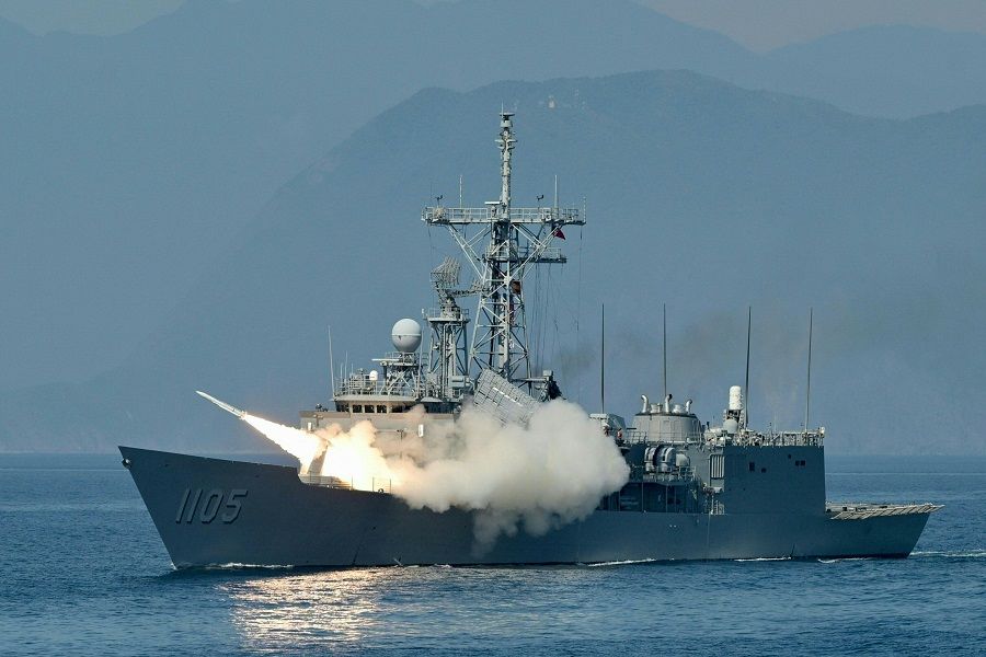 The Taiwanese navy launches a US-made Standard missile from a frigate during the annual Han Kuang Drill, on the sea near the Su'ao navy harbour in Yilan county, Taiwan, on 26 July 2022. (Sam Yeh/AFP)
