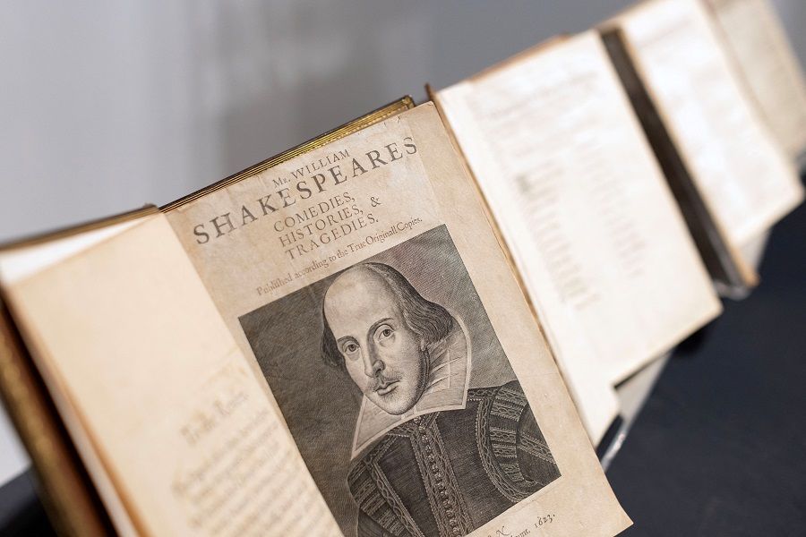 William Shakespeare's First Folio on display at Christies in London, England, 24 April 2023. (Anna Gordon/Reuters)