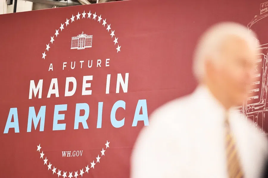 US President Joe Biden speaks at Mack Truck Lehigh Valley Operations on 28 July 2021 in Macungie, Pennsylvania, US. (Michael M. Santiago/Getty Images/AFP)
