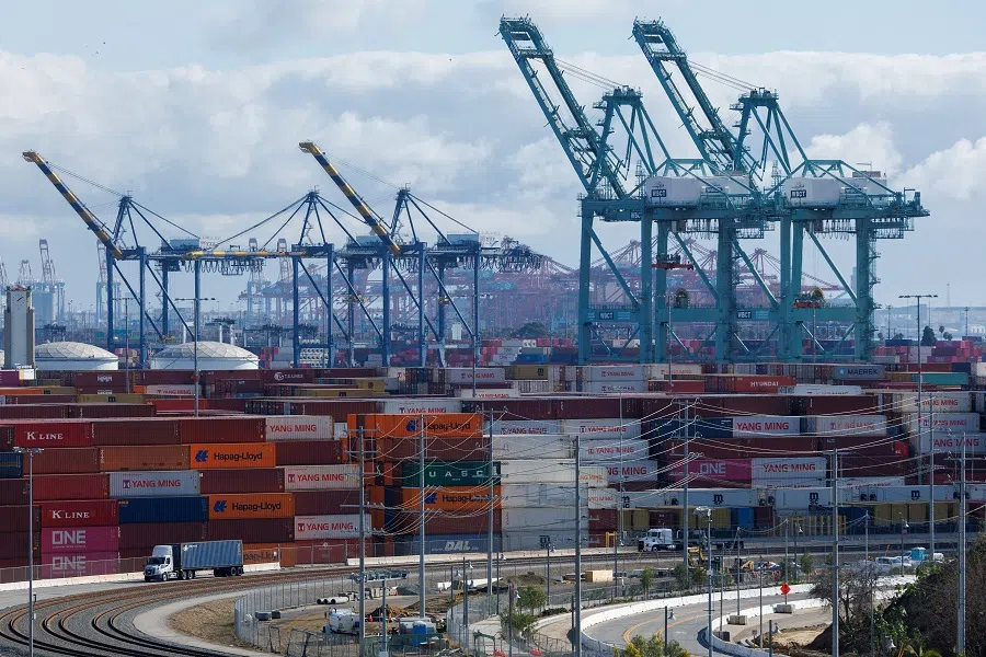 A drone view shows shipping containers from China, at the China Shipping (North America) Holding Company Ltd. facility at the Port of Los Angeles in Wilmington, California, on 4 February 2025. (Mike Blake/Reuters)