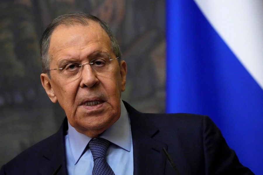 Russian Foreign Minister Sergei Lavrov speaks during a news conference in Moscow, Russia, 7 April 2022. (Alexander Zemlianichenko/Pool via Reuters)