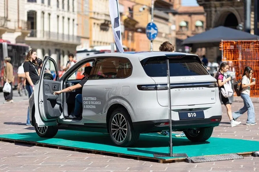 A Leapmotor B10 electric SUV on display in central Bologna, Italy, on 22 May 2026.