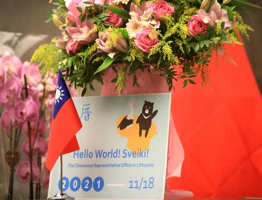 This picture taken on 18 November 2021 shows the lobby of the Taiwanese Representative Office with flowers in Lithuania. (Petras Malukas/AFP)