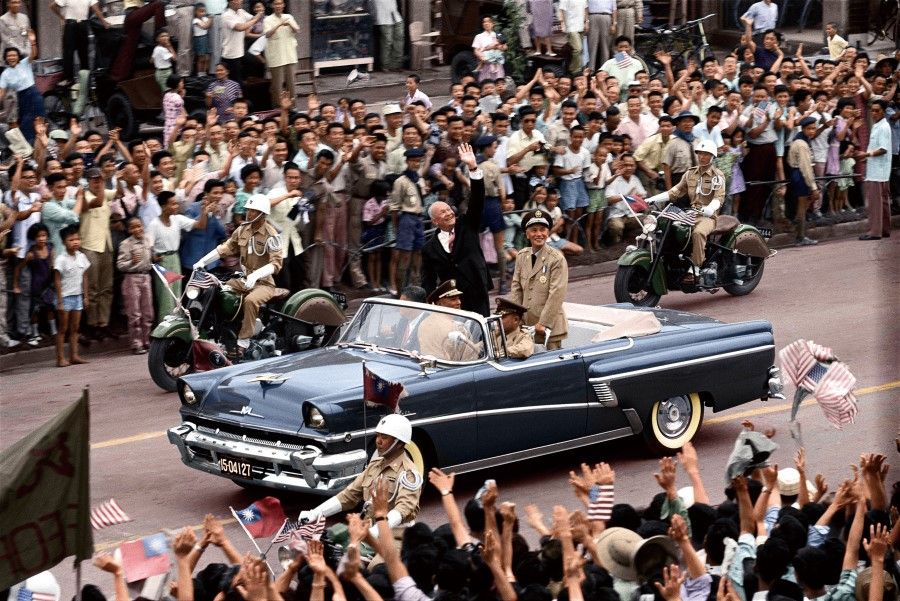 In 1960, US President Dwight D. Eisenhower visited Taipei and was received by President Chiang Kai-shek at the airport. Both men rode in a car through the streets of Taipei, to cheers from some 500,000 people. Eisenhower praised Taiwan as a "free China".