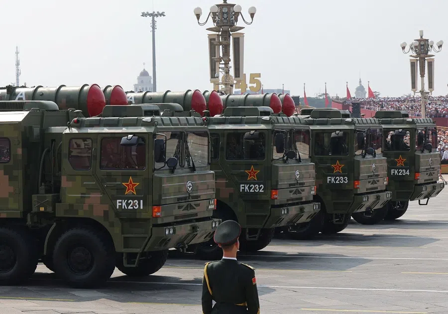 A soldier stands guard as the air and missile defence group displays the HQ-22A missile defence systems during a military parade to mark the 80th anniversary of the end of World War Two, in Beijing, China, on 3 September 2025. (Maxim Shemetov/Reuters)