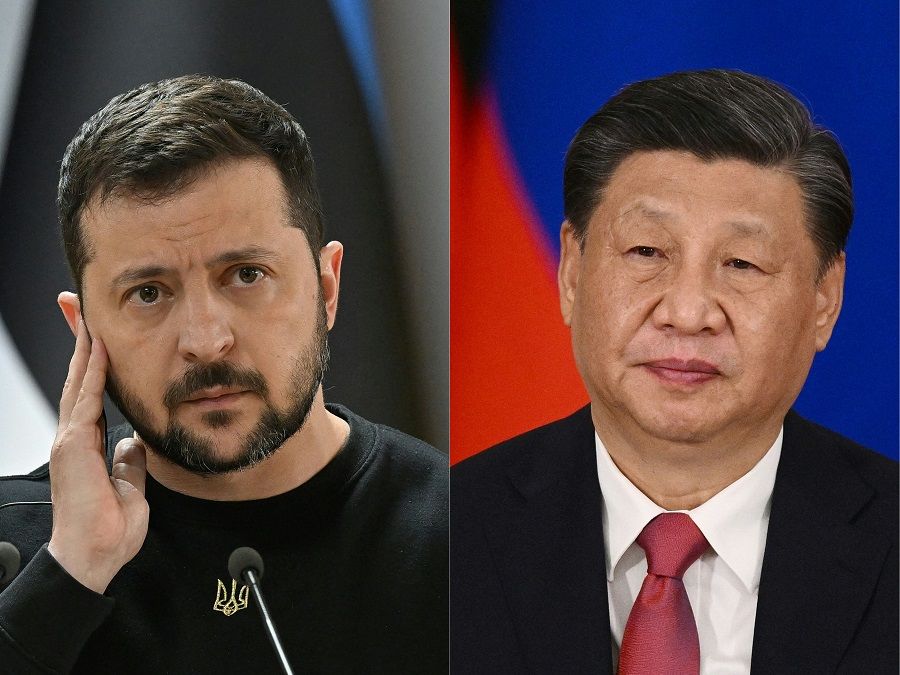 This combination of pictures created on 26 April 2023 shows Ukrainian President Volodymyr Zelenskyy (left) and Chinese President Xi Jinping. (Genya Savilov and Vladimir Astapkovich/various sources/AFP)