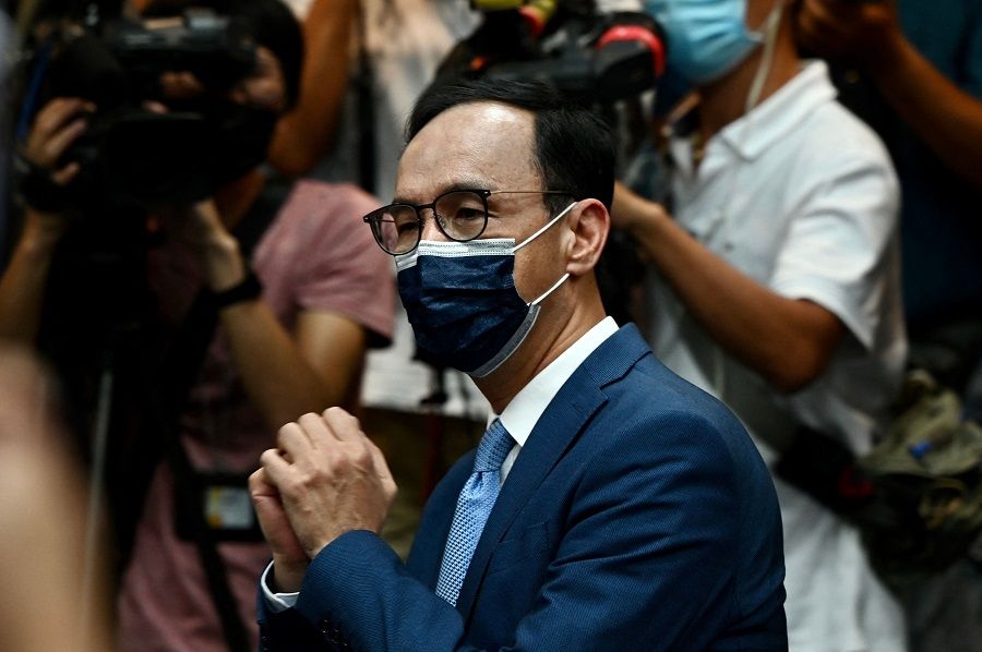 Eric Chu, Taiwan's newly-elected main opposition Kuomintang (KMT) chairman, gestures after his election victory for the party's leadership at the KMT headquarters in Taipei on 25 September 2021. (Sam Yeh/AFP)