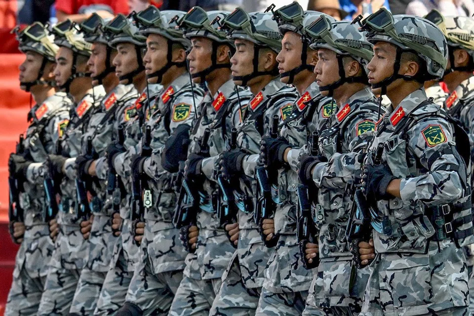 Vietnamese soldiers during a rehearsal for the parade marking the 50th anniversary of the fall of Saigon and the end of the Vietnam War in Ho Chi Minh City on 27 April 2025. (Nhac Nguyen/AFP)