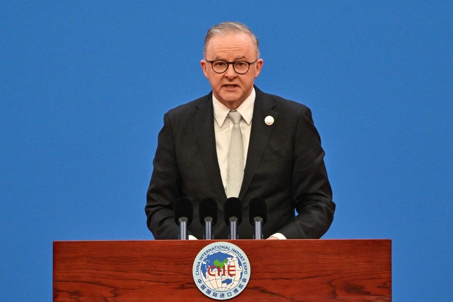 Australia's Prime Minister Anthony Albanese speaks during the opening ceremony of the 6th China International Import Expo (CIIE) in Shanghai on 5 November 2023. (Hector Retamal/AFP)