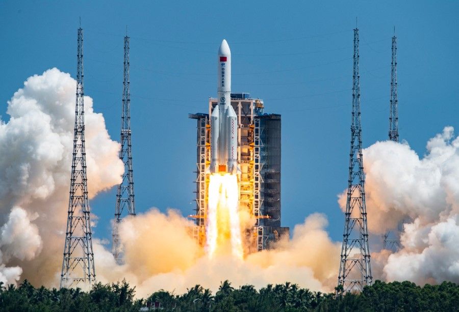 The rocket carrying China's second module for its Tiangong space station lifts off from Wenchang spaceport in southern China on 24 July 2022. (CNS/AFP)