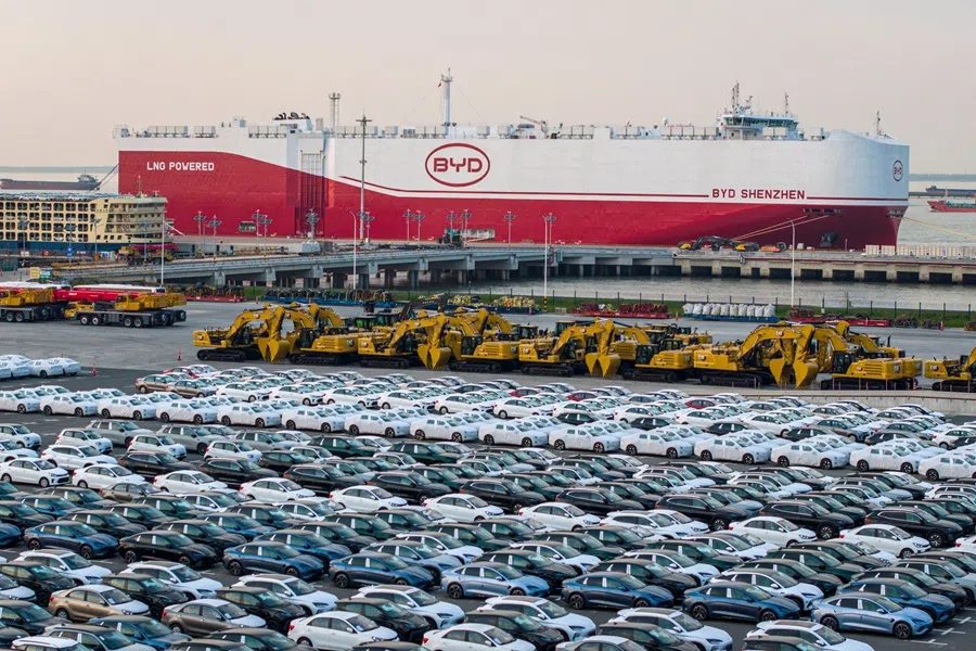 The photo taken on 27 April 2025 shows BYD electric cars waiting to be loaded to the automobile carrier BYD Shenzhen, which will sail to Brazil from the Taicang Port in Suzhou, Jiangsu province, China. (AFP)