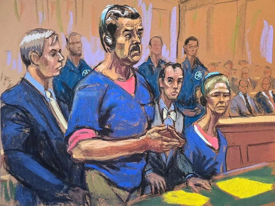 This courtroom sketch shows deposed president of Venezuela Nicolás Maduro (2nd-L), and his wife, Cilia Flores, attending their arraignment at Daniel Patrick Moynihan United States Courthouse on 5 January 2026 in New York, with defense lawyers Barry Pollack (L) and Mark Donnelly (2nd-R). (Jane Rosenberg/AFP)
