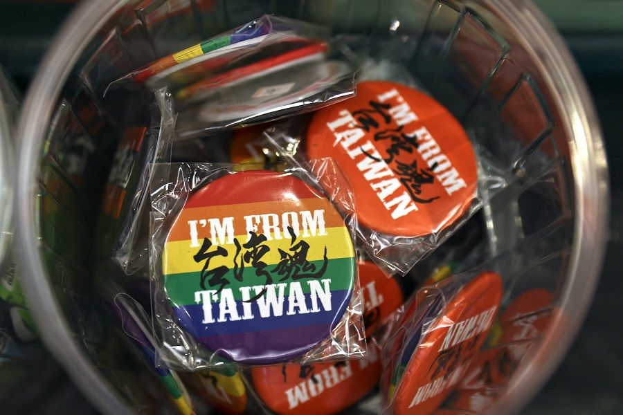 Pins showing Taiwan are seen at a pro-independent book store in Taipei, Taiwan, 24 May 2022. (Ann Wang/Reuters)