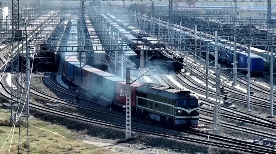 A train on a China-Europe Railway Express route departing from Khorgos. Disruptions at sea have accelerated growth in freight volumes, as freight operators moved some cargo onto rail.