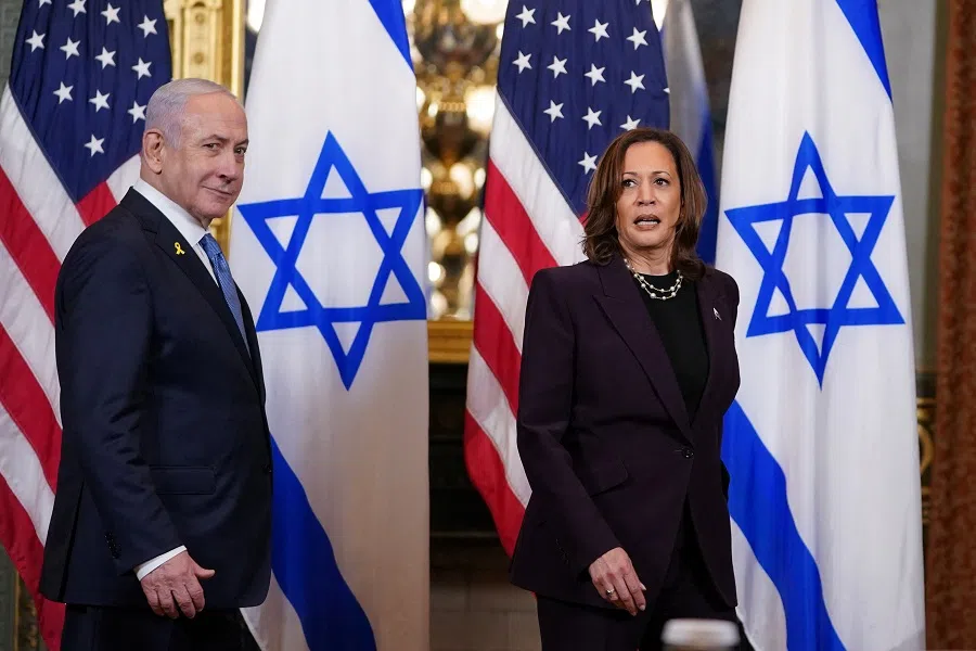 US Vice President Kamala Harris meets with Israeli Prime Minister Benjamin Netanyahu at the Eisenhower Executive Office Building on the White House grounds, in Washington, DC, US, on 25 July 2024. (Nathan Howard/Reuters)