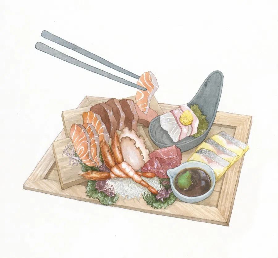 A photo of assorted sashimi. Sashimi or raw fish is the best-known Japanese dish, which clearly shows the difference between Chinese and Japanese food. Japanese like the original taste of ingredients, while Chinese prefer to cook their food and add rich sauces.