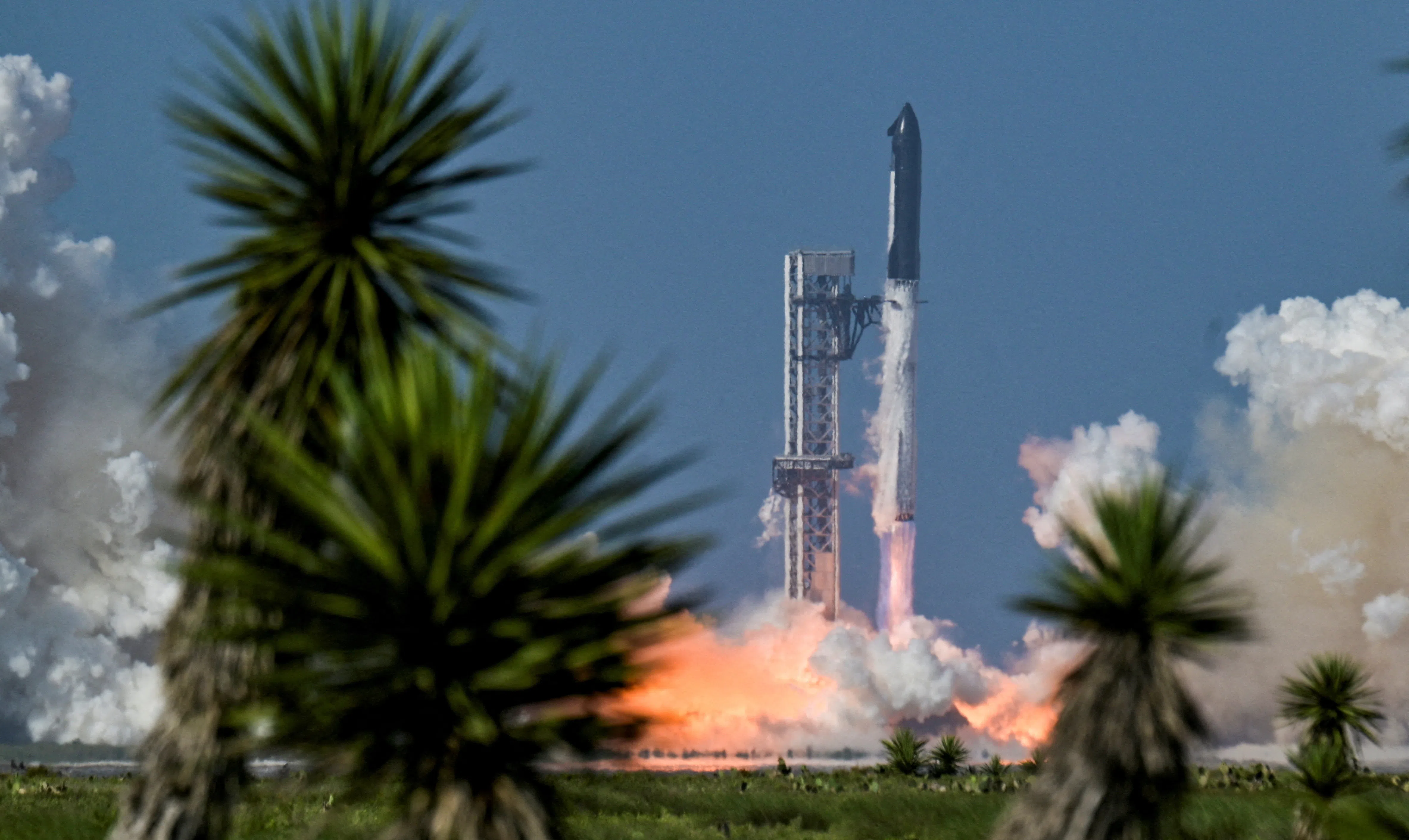 The SpaceX Starship and Super Heavy V3 Booster lift off on a test flight from the SpaceX launch complex in Starbase, Texas, US, on 24 July 2026.