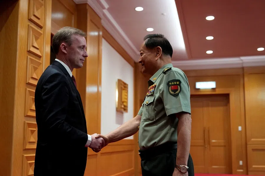 Zhang Youxia, vice-chairman of the CPC Central Military Commission shakes hands with White House national security adviser Jake Sullivan before a meeting at the Bayi building in Beijing on 29 August 2024. (Ng Han Guan/via Reuters)