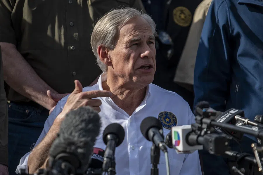 Greg Abbott, governor of Texas, during a news conference at Shelby Park along the Rio Grande River in Eagle Pass, Texas, US, on 8 February 2024. (Sergio Flores/Bloomberg)