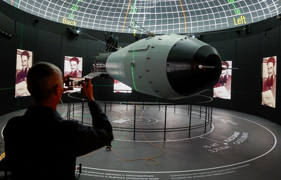 A model of the Soviet-made thermonuclear bomb Tsar Bomba is on display at the nuclear energy museum Atom, located in a pavilion of the Exhibition of Achievements of National Economy (VDNKh) in Moscow, Russia, on 26 October 2023. (Yulia Morozova/Reuters)