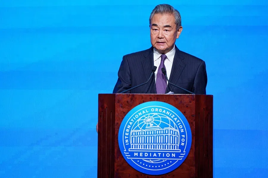 Wang Yi, China’s foreign minister, during the signing ceremony of convention on the establishment of the International Organization for Mediation in Hong Kong, China, on 30 May 2025.  