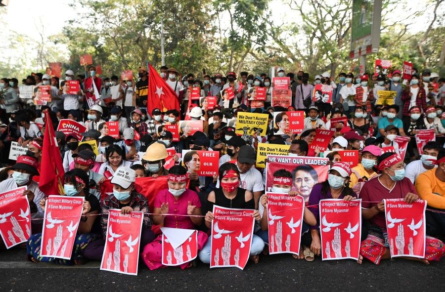 Demonstrators protest against military coup in Yangon, Myanmar, 22 February 2021. (Stringer/Reuters)