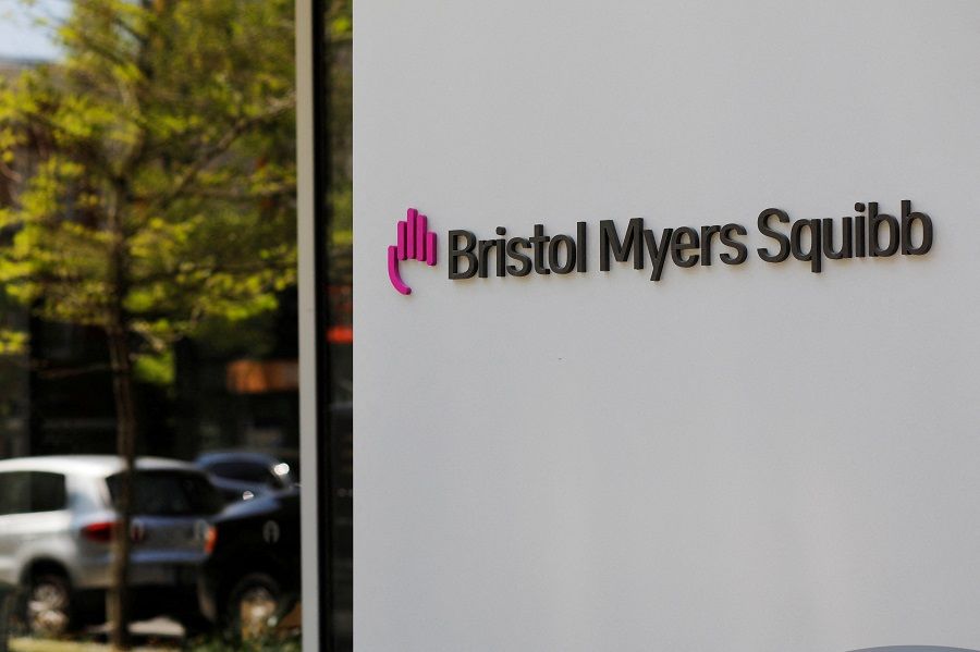 A sign stands outside a Bristol Myers Squibb facility in Cambridge, Massachusetts, US, on 20 May 2021. (Brian Snyder/Reuters)