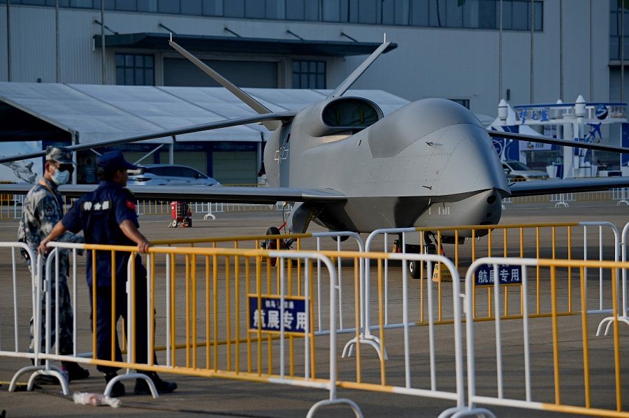 A People's Liberation Army (PLA) Air Force WZ-7 high-altitude reconnaissance drone is seen a day before the 13th China International Aviation and Aerospace Exhibition in Zhuhai, Guangdong province, China, on 27 September 2021. (Noel Celis/AFP)