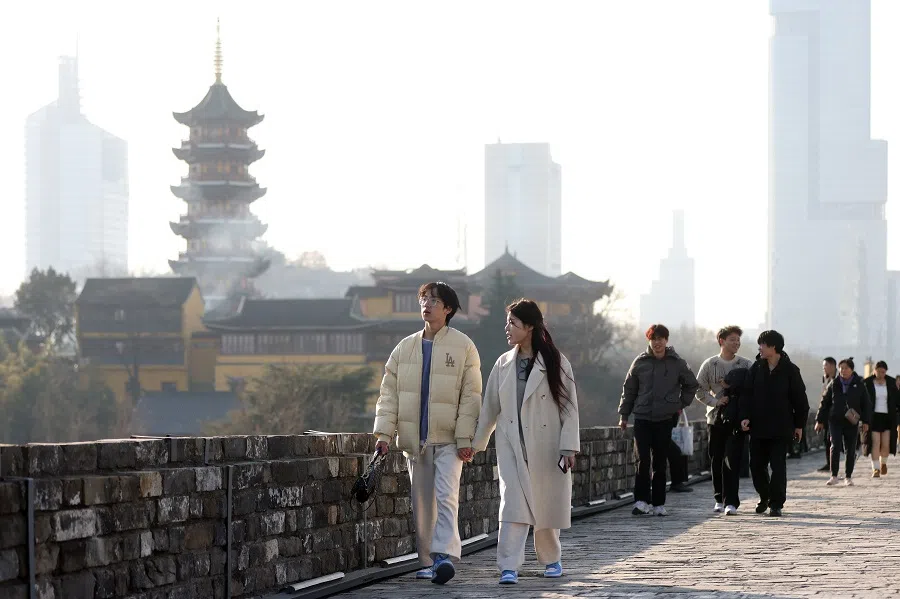 People tour the City Wall of Nanjing in Jiangsu province, China, on 1 January 2025.
