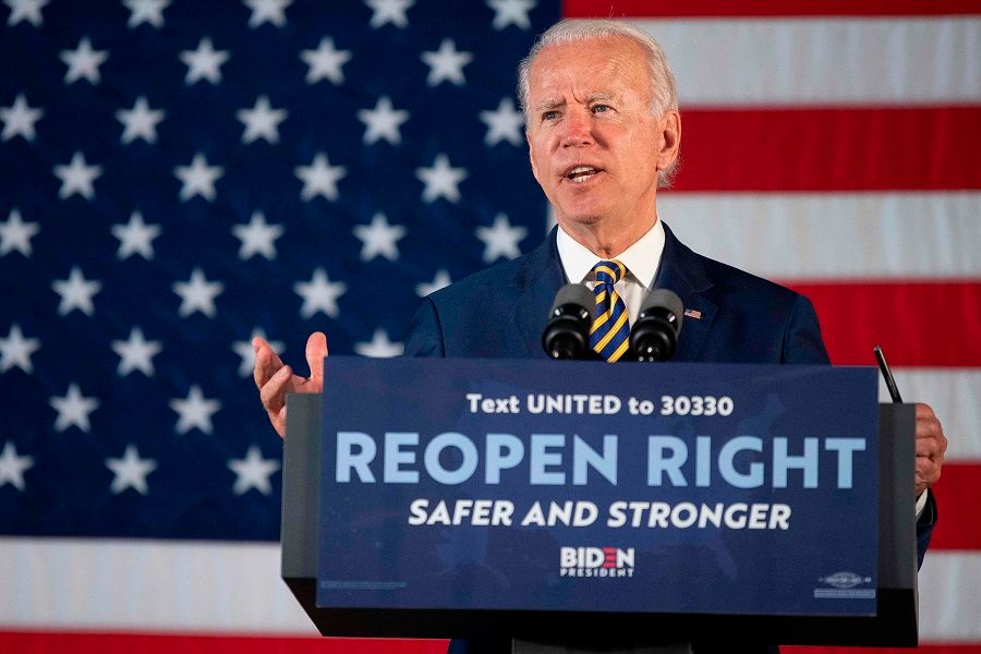 Democratic presidential candidate Joe Biden speaks about reopening the country during a speech in Darby, Pennsylvania, on 17 June 2020. (Jim Watson/AFP)