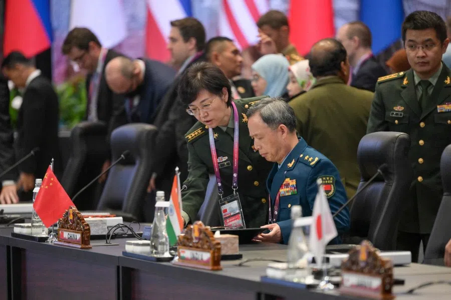 China's Deputy Chief of Staff, Joint Staff Department, Central Military Commission Jing Jianfeng (second from right) prepares for the opening session of the 10th Association of Southeast Asian Nations (ASEAN) Defence Ministers' Meeting (ADMM) Plus in Jakarta on 16 November 2023. (Bay Ismoyo/AFP)