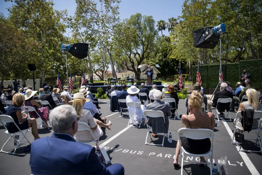 US secretary of state Mike Pompeo speaks at the Richard Nixon Presidential Library & Museum in Yorba Linda, California, 23 July 2020. (Eric Thayer/Bloomberg)