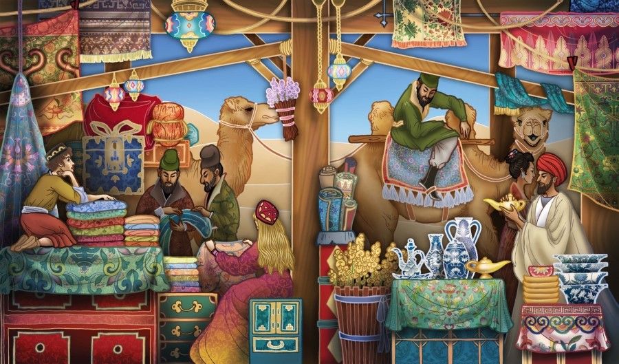 A small market along the Silk Road. Many little markets sprang up in oasis cities on the way from China to the Middle East, where camel caravans did their trading.