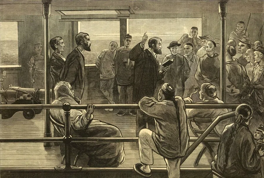 A wood engraving published in the American magazine Harper’s Weekly. The US had long sought to export its values. On mail steamers carrying migrants to America in the 1870s, shipboard chaplains preached to newly arrived Chinese migrants during Sunday services, encouraging them to join the Church and embrace American values.
