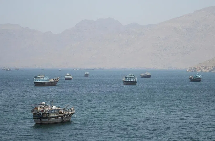 Vessels in the Strait of Hormuz, Musandam, Oman, on 8 May 2026. (Reuters)