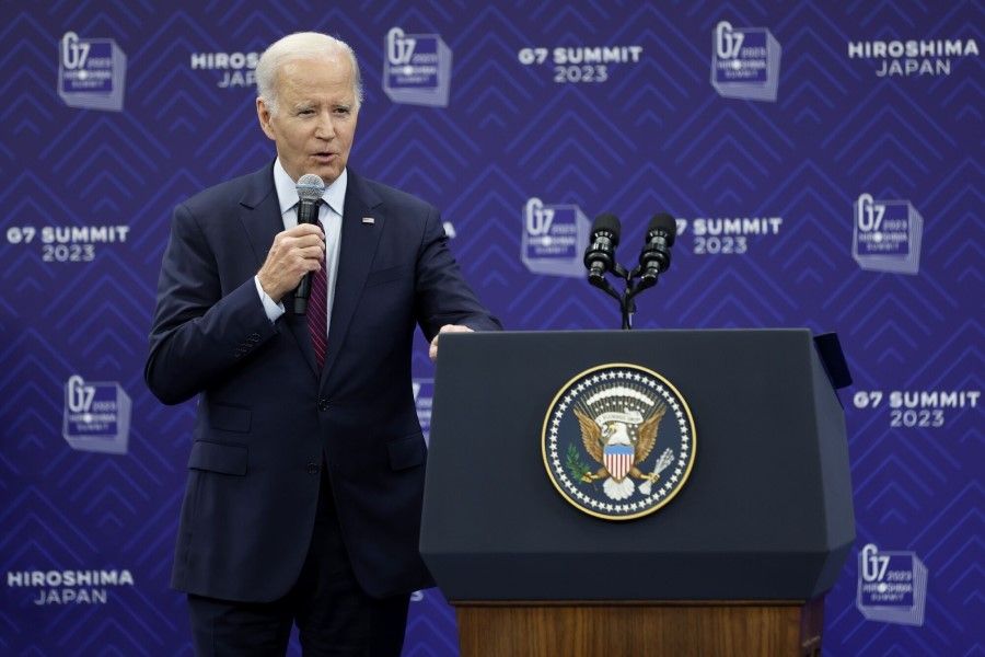 US President Joe Biden speaks during a news conference following the Group of Seven (G-7) leaders summit in Hiroshima, Japan, on 21 May 2023. (Kiyoshi Ota/Bloomberg)