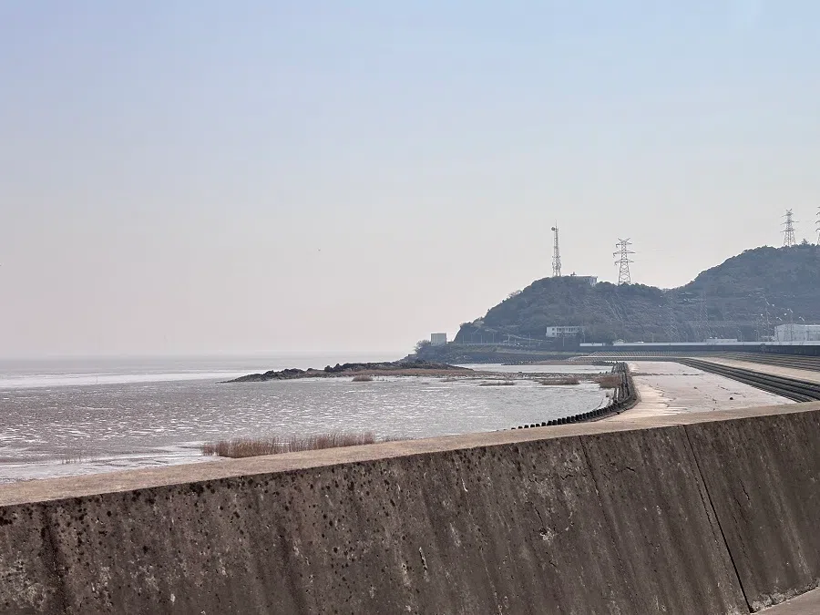 An embankment constructed at Qinshan Nuclear Power Base after the Fukushima nuclear accident.
