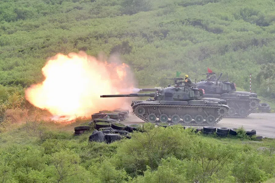 CM-11 tanks fire their cannons during a live-fire military exercise in Pingtung county, Taiwan, on 7 September 2022. (Sam Yeh/AFP)