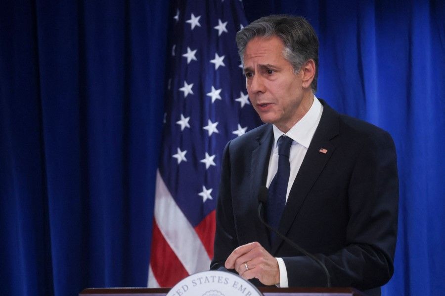 US Secretary of State Antony Blinken speaks during a press conference at the Beijing American Center of the US embassy in Beijing, China, on 19 June 2023. (Leah Millis/AFP)