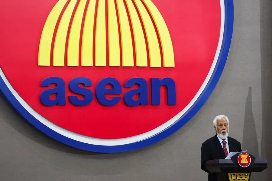 Timor-Leste’s Prime Minister Kay Rala Xanana Gusmao gives a speech during his visit at the Association of Southeast Asian Nations (ASEAN) Secretariat in Jakarta, Indonesia, on 11 December 2025. (Ajeng Dinar Ulfiana/Reuters)