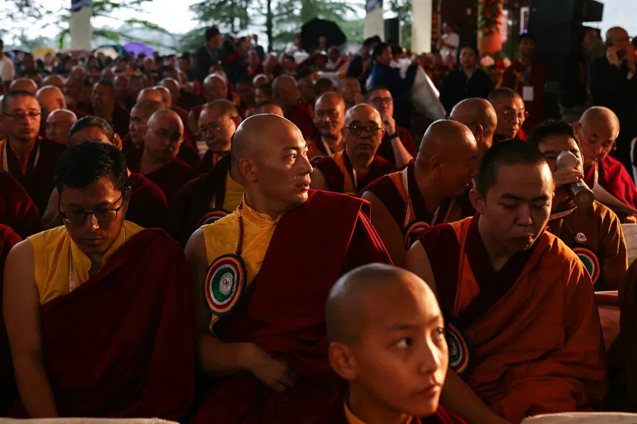 Buddhist monks gather to attend Tibetan spiritual leader the Dalai Lama’s prayer ceremony celebrating his 90th birthday at the Main Tibetan Temple in McLeod Ganj, near Dharamsala, on 6 July 2025. (Niharika Kulkarni/AFP)