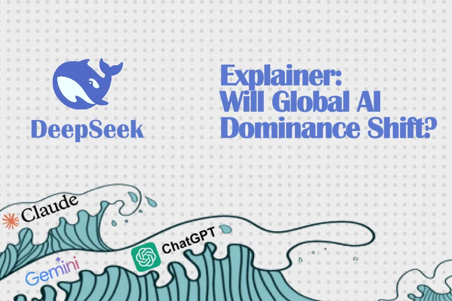 At the top is the DeepSeek logo, while at the bottom are Claude, Gemini, and ChatGPT’s logos.