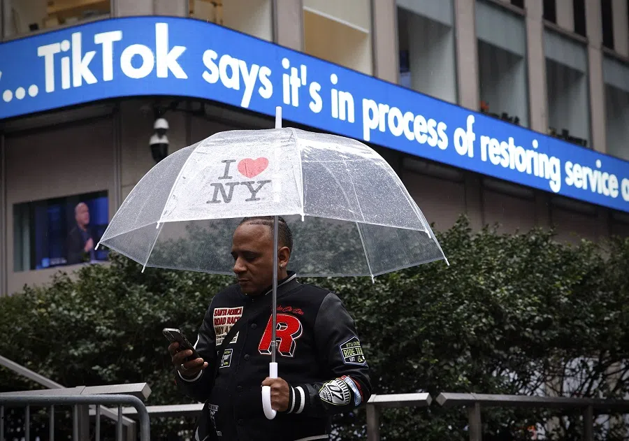 A display shows information about TikTok outside the Fox News building in New York City, US on 19 January 2025. (Kena Betancur/AFP)