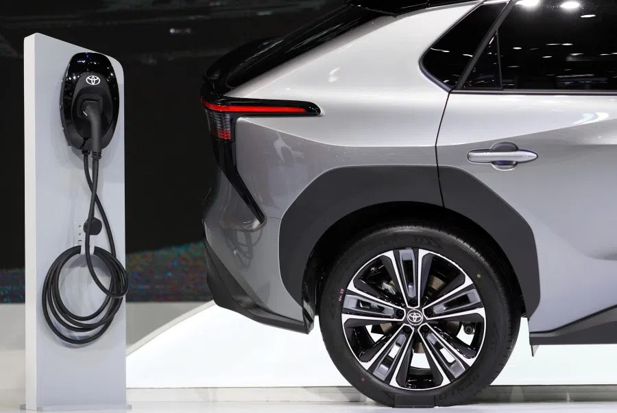 A Toyota EV car is seen at the Bangkok International Motor Show in Bangkok, Thailand, on 30 March 2022. (Soe Zeya Tun/Reuters)