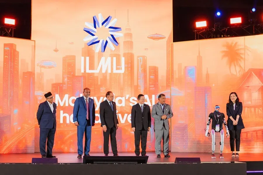 Malaysia’s Prime Minister Anwar Ibrahim (third from left) attends the launch of Malaysia’s first multimodal large language model Intelek Luhur Malaysia Untukmu (ILMU) at the ASEAN AI Malaysia Summit on 12 August 2025.