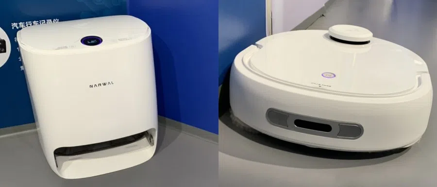 At the Songshan Lake Xbot Park, the Narwel team is about to launch its cleaning robot, the first in the world that can change the water for its cleaning cloth. On the left is the base, the robot's "home" and "shower" facility. (Photo: Han Yong Hong)