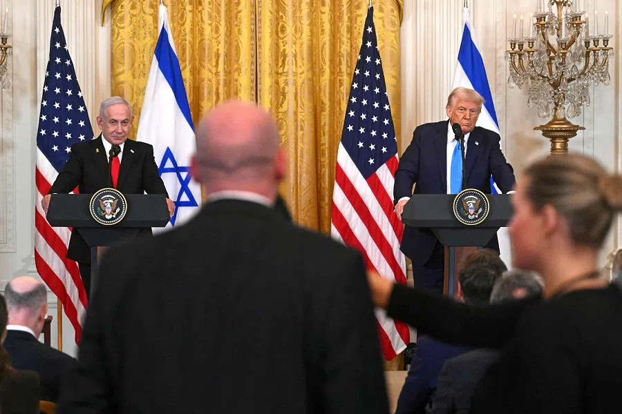 US President Donald Trump (right) and Israel’s Prime Minister Benjamin Netanyahu take questions during a press conference in the East Room of the White House in Washington, DC, on 4 February 2025. (Jim Watson/AFP)