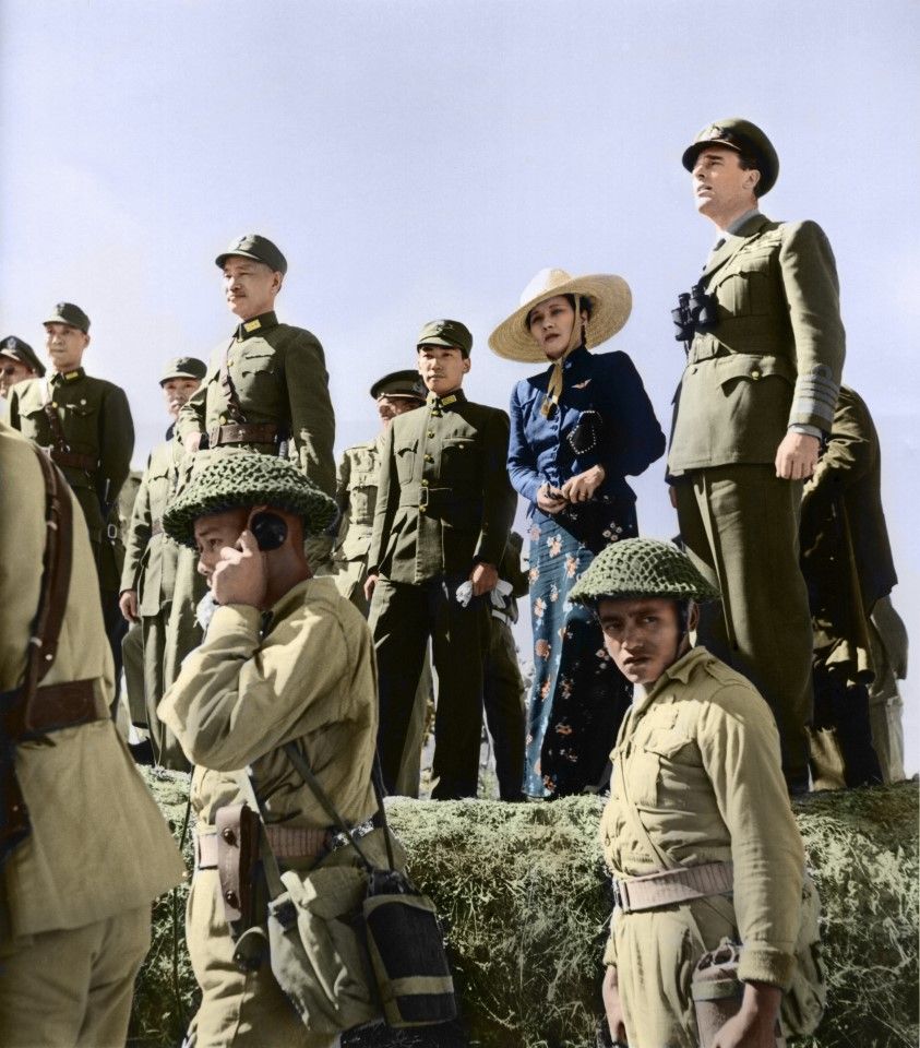 December 1943, Ramgarh, India - After making an inspection of Chinese soldiers being trained in this US-established training centre, Chinese and American leaders are standing in a trench: (from left) Gen. Cheng Tong-kuo (Zheng Dongguo), commander of the New First Army of Chinese Expeditionary Forces in India, Chiang, Gen. Chiang Wei-kuo, Madame Chiang, and Lord Louis Mountbatten, Supreme Allied Commander of the Southeast Asian Command of the Allied forces. Gen. Chiang Wei-kuo, son of Marshal Chiang, had been assigned to Ramgarh as an officer in the armoured artillery.