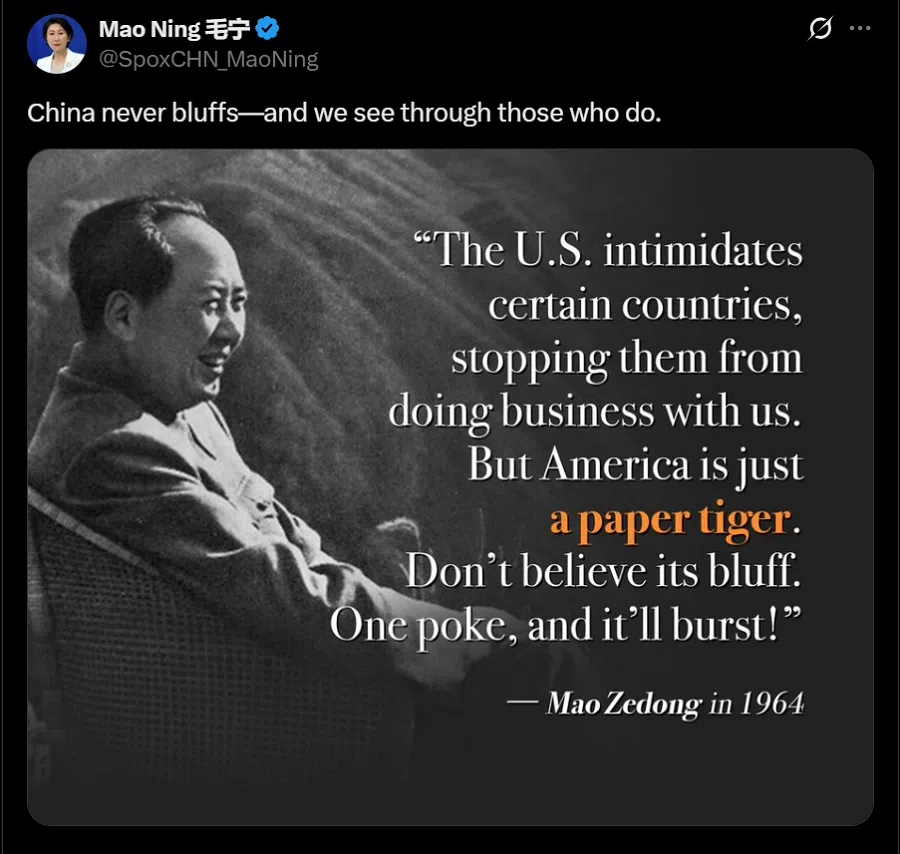 Chinese foreign ministry spokesperson Mao Ning shared a quote by Mao Zedong. (Screen grab from Mao Ning’s X account)